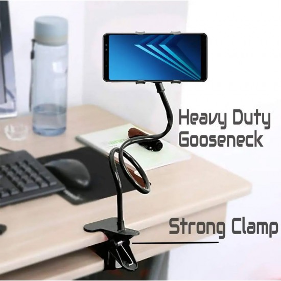 Flexible Mobile Tabletop Stand, Metal Built -for Video, Heavy Duty Foldable Lazy Bracket Clip Mount, Multi Angle Clamp for All Smartphones