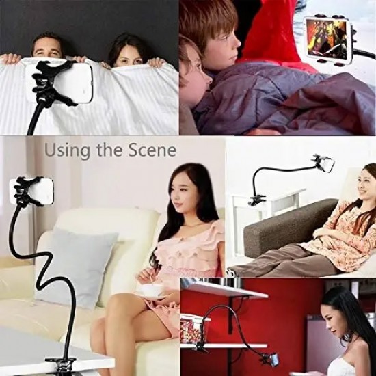 Flexible Mobile Tabletop Stand, Metal Built -for Video, Heavy Duty Foldable Lazy Bracket Clip Mount, Multi Angle Clamp for All Smartphones