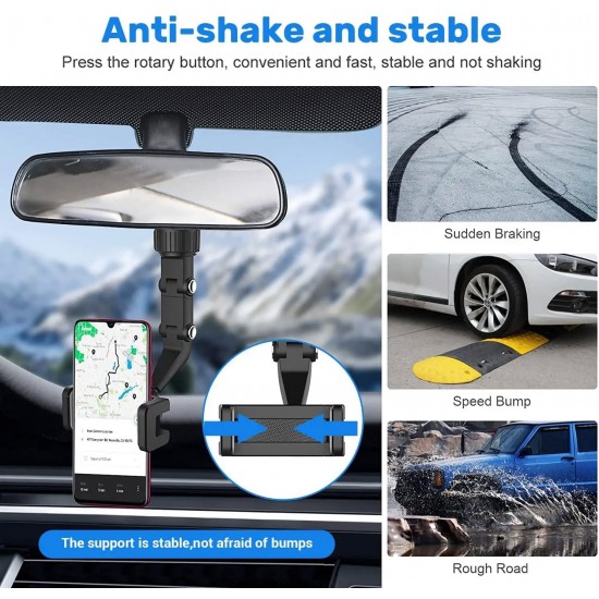 Multifunctional Car Rear View Mirror Rotatable Holder, 360° Car Mounted Hanging Clip Holder for All Universal Mobile Phones & GPS Holder