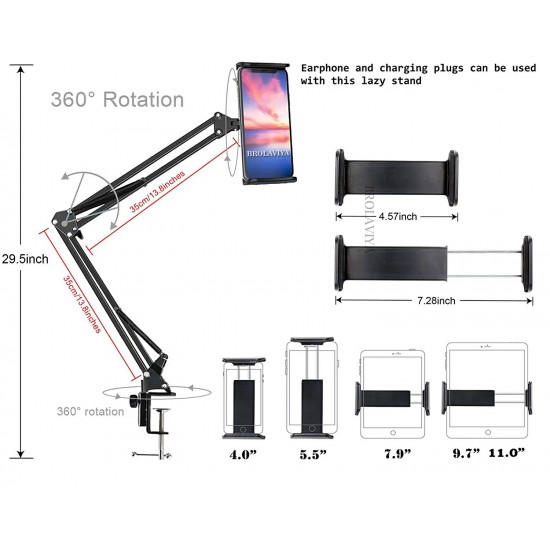 Cell Phone Tablet Tabletop Stand, Gooseneck Flexible Clip Lazy Arm Bracket for Both Mobiles and Tablets Fits Device 4~10.6 Diagonal inch, for Overhead Video, Desktop, Bedroom, Office, Black