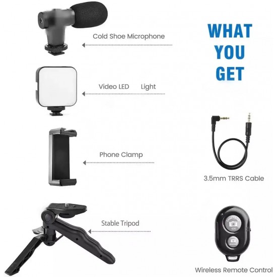 Vlogging kit 6 in 1 Combo (Shotgun Microphone, Selfie Light, Tripod Stand, Mobile Holder, Shock Mount, Noise Cancellation Foam) Vlog Kit for Recording/YouTube/Reels & Photography