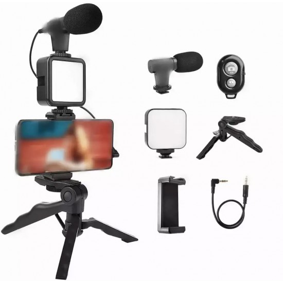 Vlogging kit 6 in 1 Combo (Shotgun Microphone, Selfie Light, Tripod Stand, Mobile Holder, Shock Mount, Noise Cancellation Foam) Vlog Kit for Recording/YouTube/Reels & Photography