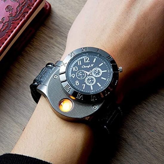 USB Cigarette Lighter Watch Rechargeable flameless Windproof Unique Designer Wristwatch .2 in 1 Watch Lighter for Cigarette Stylish (Black)